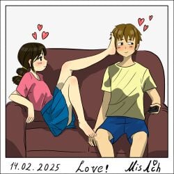 1girl1boy absurdres artist_request barefoot blush couch couch_sitting couple cute feet feet_up foot_fetish foot_focus foot_on_face foot_play foot_worship highres original_character relationship_goals romantic_couple teasing valentine's_day wholesome