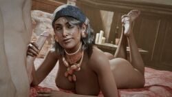 1boy 1girls 3d ass bluelight breasts cum cum_on_face dragon_age dragon_age_2 feet handjob isabela nude soles the_pose