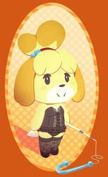 1girls adorable animal_crossing black_clothing black_legwear black_panties canine cute female female_only furry furry_only hecticarts hook isabelle_(animal_crossing) lingerie nintendo orange_background simple_background smiling smiling_at_viewer solo tail year_request yellow_fur