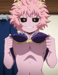 ai_generated ashido_mina black_sclera blush bones_(company) bra breasts ceiling clothes_hanger clothes_lift clothing colored_sclera colored_skin female grin horns indoors large_breasts lifted_by_self looking_at_viewer mina_ashido my_hero_academia navel pink_hair pink_skin shirt shirt_lift short_hair shounen_jump smile solo stomach teen teen_girl teenage teenage_girl teenager teeth underboob underwear upper_body v-shaped_eyebrows yellow_eyes