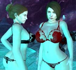 2girls 3d alien_planet armor_removed big_ass big_breasts big_butt black_bikini black_mesa colette_green curvy curvy_body curvy_female curvy_figure curvy_hips gina_cross ginger_hair green_eyes half-life half-life_(series) hand_on_hip healing hev_suit highres looking_at_viewer medium_breasts miaschani midriff pale-skinned_female pale_skin ponytail red_bikini scientist seductive seductive_eyes seductive_look short_hair weapon weapons wide_hips