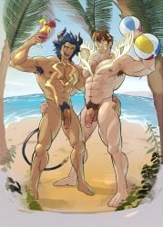 2boys abs absurdres animal_ears antlers armpit_hair askr_(fire_emblem) bara beach blue_eyes blue_hair brown_eyes brown_hair chest_hair commentary commission completely_nude cow_boy cow_ears cow_horns cup dark-skinned_male dark_skin dumart_(dunbans) eikthyrnir_(fire_emblem) fire_emblem fire_emblem_heroes glowing_antlers hand_on_another's_hip highres holding holding_cup horns large_pectorals looking_at_viewer male_focus male_pubic_hair mask mouth_mask multiple_boys muscular muscular_male nipples nude ocean pectorals penis pubic_hair short_hair tail testicles variant_set