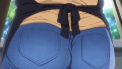 2022 20s aiue_oka animated apron ass ass_focus big_ass black_apron blue_pants bunnywalker denim female from_behind huge_ass jeans jewelry mature_female obata_natsumi_(saimin_seishidou) pants ring saimin_seishidou shirt t-rex_(animation_studio) thick_thighs thighs wedding_ring yellow_shirt