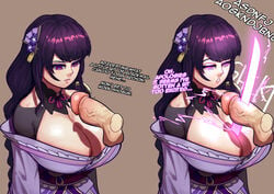 1boy 1girls attempted_rape bathsalts1 between_breasts big_breasts braid breasts busty castration cleavage cock_and_ball_torture dialogue english_text erection failed_rape female genshin_impact hi_res humor instant_loss japanese_clothes kimono male pain penis purple_eyes purple_hair raiden_shogun speech_bubble stabbed stabbing sword