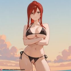 ai_generated bikini breasts brown_eyes cleavage covered_nipples crossed_arms crotchless crotchless_bikini erza_scarlet fairy_tail female female_ejaculation hair_between_eyes large_breasts long_hair navel nipple_outline pussy pussy_cutout pussy_juice red_hair squirting uncensored