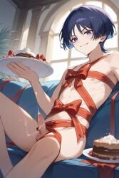 ai_generated cum genshin_impact naked penis scaramouche_(genshin_impact) valentine's_day wanderer_(genshin_impact) wrapped