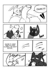 2021 absurd_res anthro ball balls big_penis black_and_white bodily_fluids capcom closed_eyes comic digital_media_(artwork) duo embarrassed english_text felid fellatio felyne genital_fluids genitals half-erect hi_res holding_penis knightferret lynian male male/male mammal monochrome monster_hunter oral palico penile penis precum sex shadow sweat sweatdrop text