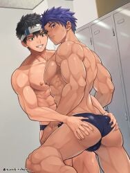 2boys abs ass back_muscles balls_under_clothes bandana bangs beefy biceps big_areola black_eyes black_hair blush both_hands_on_ass bubble_butt clenched_teeth collarbone duo ebitendon erect_nipples gay grabbing grabbing_ass grin hand_on_leg happy headband hi_res indoors kneeling locker locker_room looking_at_viewer looking_back looking_down male male/male male_only mature_male muscles muscular muscular_arms muscular_ass muscular_back muscular_legs muscular_male muscular_thighs original original_character pecs plump_ass purple_hair short_hair six_pack soft_ass spread_legs standing sweat sweatdrop swim_briefs swimsuit topless torakichi_(ebitendon) torakitchen yaoi