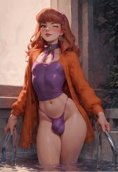 1boy abs ai_generated alternate_version_available belly bulge crossdressing daphne_blake femboy genderswap_(ftm) girly hot_spring looking_at_viewer male male_only nipples_visible_through_clothing one_eye_closed onsen orange_hair partially_submerged purple_top purple_topwear rule_63 scooby-doo shamalamadindong tagme trap wink winking_at_viewer