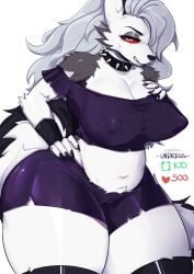 anthro belly big_breasts black_nails bodily_fluids breasts camel_toe clothing collar colored_nails fur genital_outline glistening glistening_clothing grey_body grey_fur grey_hair helluva_boss hi_res loona_(helluva_boss) nails nipple_outline pussy_outline red_sclera simple_background slightly_chubby solo spiked_collar spikes sweat sweatdrop tail thick_thighs white_background white_body white_eyes yokaiduck