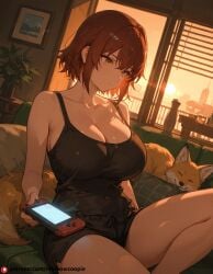 ai_generated beautfiul_background fox handheld_game_console_ huge_breasts mikado_ryouko pencil shanty_town sleepy stunning_backgroud tantalizing