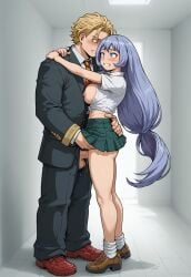 ai_generated blue_eyes blue_hair blush breasts_out clothed clothing couple echodantalian embarrassed flirting girl light_blue_hair male/female miniskirt my_hero_academia nejire_hado penis_between_thighs penis_out shirt shy tits_out