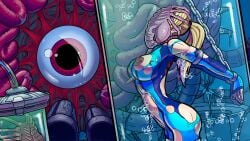 1girls 2025 alien_(franchise) bad_end blonde_hair bodysuit bondage breasts clothing facehugger female hombre-blanco imminent_oral impregnation interspecies legs_together long_hair metroid nintendo nipples rape restrained samus_aran size_difference torn_clothes zero_suit_samus