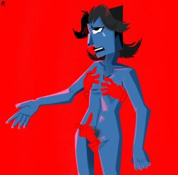 adult anatomy blue_skin blue_sky blum blum_(risobase) body_difference body_dysmorphia body_hate body_positivity bright_colors caricature censored crying does_not_like_her_body dysmorphophobia female gangpol_and_mit hands naked_female normal_breasts oc original_character original_character_do_not_steal posing practice pubic_hair red_background red_hands risobase short_cut short_hair small_breasts standing straight tagme tall unusual_censor vent