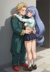 ai_generated blue_eyes blue_hair blush clothed clothing couple echodantalian embarrassed flirting girl holding_waist light_blue_hair male/female miniskirt my_hero_academia nejire_hado sex shirt shy