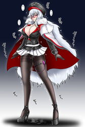 absurdres azur_lane bangs black_footwear black_gloves black_hat black_jacket black_legwear blue_background blush breasts breath cleavage closed_mouth collarbone controller erect_nipples eyebrows_visible_through_hair female female full_body fur_trim gloves gradient gradient_background graf_zeppelin_(azur_lane) hair_over_one_eye half-closed_eyes hat heart high_heels highres jacket japanese_text large_breasts long_sleeves looking_at_viewer miniskirt nose_blush pantyhose peaked_cap pleated_skirt pubic_hair purple_eyes pussy_juice remote_control remote_control_vibrator shiny shiny_clothes shiny_hair shoes simple_background skirt solo speech_bubble spoken_heart standing steam sweat tasuro_kuzuha thigh_strap thighband_pantyhose translation_request trembling vibrator vibrator_under_clothes white_coat white_hair white_skirt