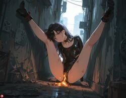 ai_generated athletic_leotard beautfiul_background bright_daylight burning cyberpunk_city dimly_lit dirty_floor flat_chest getting_fucked hino_rei lava legs_up molten_lava moonlight scowl standing_against_wall stunning_backgroud