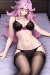 1girls adult_female ai_generated anime_lingerie big_breasts black_bra blue_eye breasts female female_only glasses gray_eye in_bed long_hair looking_at_viewer lying lying_on_bed nai_diffusion pale-skinned_female pink_hair pink_lipstick slim_waist smile smiley_face smiling_at_viewer solo solo_female stable_diffusion thick_thighs thighhighs thighs two_tone_eyes