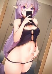 black_panties body_markings breasts elf eyebrows_visible_through_hair female female_focus female_only kaleina_(ricegnat) kerasu light-skinned_female light_skin long_hair mirror mirror_selfie navel original panties petite phone pointy_ears purple_eyes purple_hair ricegnat selfie small_breasts solo thighhighs very_long_hair