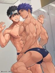 2boys abs ass back_muscles balls_under_clothes bandana bangs beefy biceps big_areola black_eyes black_hair blush bubble_butt clenched_teeth collarbone duo ebitendon erect_nipples gay grin hand_on_leg hands_up happy headband hi_res indoors kneeling locker locker_room looking_at_viewer looking_back looking_down male male/male male_only mature_male muscles muscular muscular_arms muscular_ass muscular_back muscular_legs muscular_male muscular_thighs original original_character palms pecs plump_ass purple_hair short_hair six_pack spread_legs standing sweat sweatdrop swim_briefs swimsuit topless torakichi_(ebitendon) torakitchen yaoi