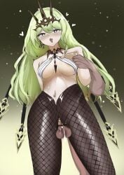 1boy 1girls arm_grab bar_censor censored chama_(pixiv_15813129) choker covered_nipples cum cum_in_pussy eyebrows_visible_through_hair from_behind green_background green_eyes green_hair heart honkai_impact_3rd long_hair medium_breasts mobius_(honkai_impact) navel open_mouth pantyhose sex sex_from_behind standing standing_sex tiara torn_pantyhose vaginal_penetration