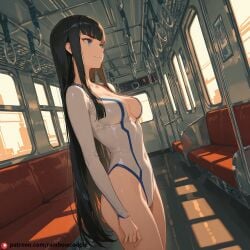 ai_generated athletic_leotard beautfiul_background black_hair blunt_bangs cafeteria cluttered_room dim_candlelight evil_smile kiryuuin_satsuki lying medium_breasts stunning_backgroud train_interior very_long_hair