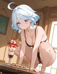 ai_generated chart cookie furina_(genshin_impact) medium_breasts sexy_squatting squirrel sundae tear