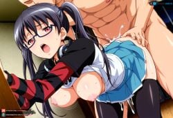 ai_generated black_hair bouncing_breasts doggy_style eroge!_h_mo_game_mo_kaihatsu_zanmai female from_behind glasses grabbing_ass juanpiamvs kosaka_iori long_hair medium_breasts open_clothes open_mouth patreon patreon_username penetration red_eyes sex subscribestar subscribestar_username twintails watermark wet