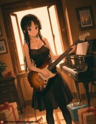 ai_generated akiyama_mio beautfiul_background candy_cane disgust gift_box guitar intersection large_breasts piano standing stunning_backgroud