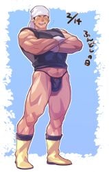 1boy abs bandana bara beefy biceps black_fundoshi black_hair blue_background blush boots bulge bulge_through_clothing closed_eyes clothed confident crossed_arms daddy dated dilf frown full_body fundoshi fundoshi's_day gloves happy_trail hi_res laugh male male_only manly mature_male muscles muscular muscular_arms muscular_legs muscular_male muscular_thighs navel nezumi_ranna open_mouth original original_character pantless pecs pubic_hair rokushaku_fundoshi rolled_up_sleeves shoes short_hair solo standing sweat sweatdrop thick_arms tough_guy underwear uruonurun white_border