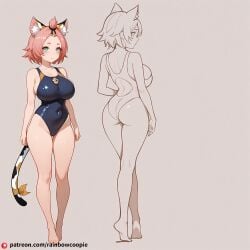 1boy ai_generated diona_(genshin_impact) huge_breasts model_sheet one-piece_swimsuit