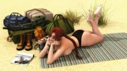 3d ass auburn_hair barefoot big_breasts bleinnie braid breasts brown_eyes bubble_butt busty desert female female_focus female_only full_body hourglass_figure lara_croft lara_croft_(classic) long_hair pinup pinup_pose sunbathing sunglasses tagme tomb_raider topless wide_hips