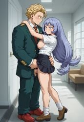 ai_generated blue_eyes blue_hair blush breasts_out clothed clothing couple echodantalian embarrassed flirting girl holding_waist joyful light_blue_hair male/female miniskirt my_hero_academia nejire_hado penis penis_between_thighs penis_out sex shirt shy smile tits tits_out