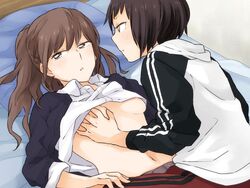 2girls breast_grab embarrassed female female_only liar-soft multiple_girls okujou_no_yurirei-san size_difference small_breasts yuri