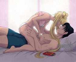 1boy 1girls adorable aquarina barefoot bishoujo_senshi_sailor_moon blush boxers_(clothing) canon_couple casual clothing cuddling cute girl_on_top hand_in_shirt hand_up_shirt hanging_breasts imminent_kiss in_bed mamoru_chiba no_bra on_bed panties playful pocky pocky_game relaxing romantic small_breasts smooth_skin straddling straight string_panties tank_top uncensored underwear usagi_tsukino very_long_hair wholesome