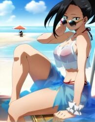 1boy 1girls ai_generated alternate_version_at_source beach bikini binoculars black_hair female glasses large_breasts looking_at_viewer looking_over_eyewear mineta_minoru momo_yaoyorozu peeping sarong see-through side_view sitting solo sunglasses tank_top zorkpics