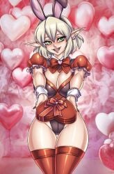 cleavage commission curvaceous curvaceous_female curvaceous_figure curvy digital_artwork_(media) earrings elf_ears green_eyes heart_box heart_earrings large_breasts lavionartz looking_at_viewer mizuhashi_parsee short_hair touhou valentines_day wide_hips