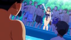 2022 20s 6+boys animated blush bouncing_breasts breasts bunnywalker cleavage covered_erect_nipples demon_girl female female groin large_breasts legs long_hair mature_female morita_eri multiple_boys outdoors pink_eyes pool public_indecency purple_hair revealing_clothes sound succubus_yondara_haha_ga_kita!? swimsuit t-rex_(animation_studio) tagme thighs video