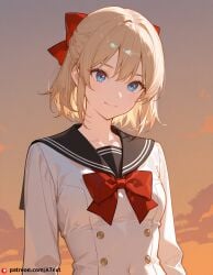 ai_generated model_sheet red_bow_tie sailor_suit small_breasts stretching teasing_smile tooyama_kazuha white_and_black_sailor_suit