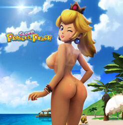 3d ass beach blonde_hair blue_eyes breasts crisisbeat exhibitionism looking_back mario_(series) naked nintendo nude ponytail princess_peach smile super_princess_peach tan tanline wink