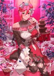 aesthetic apron big_breasts green_eyes green_hair heart huge_breasts huge_thighs humanoid lovecore oc_(sakoku) pink_hair pink_skin red_hair red_skin ribbon sakoku shin_(sakoku) sweets thighs valentine's_day yellow_eyes