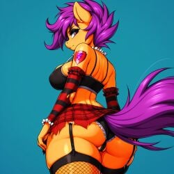 ai_generated anthro bra cakeweight camel_toe cameltoe cutie_mark_crusaders female fishnet_legwear furry garter_belt goth mlp_g4 my_little_pony pegasus scootaloo_(mlp) stripes suggestive torn_clothes