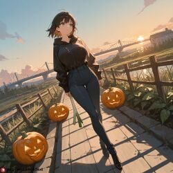 ai_generated beautfiul_background bridge drunk huge_breasts jack-o'-lantern norimaki_arale snowy sparse_vegetation spring_onion stunning_backgroud walking windy