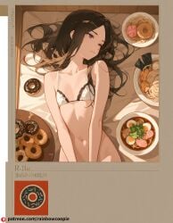 ai_generated black_hair bleach blush bra doughnut flat_chest lying navel noodles purple_eyes unohana_retsu