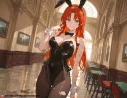 ai_generated beautfiul_background bunnysuit cluttered_room dirty empty_room grin hair_messy hong_meiling large_breasts museum stunning_backgroud twirling