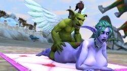 1boy 1girl 3d beach beach_towel big_ass big_breasts bulging_breasts buttjob collar cupid female goblin goblin_male hot_dogging imminent_sex long_ears night_elf surprised surprised_expression tyrande_whisperwind warcraft world_of_warcraft