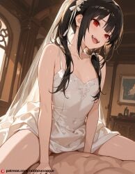 1boy ai_generated black_hair blush cowgirl_position date_a_live flat_chest laughing navel open_mouth red_eyes tokisaki_kurumi wedding_dress white_dress you