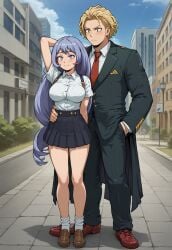 ai_generated blue_eyes blue_hair clothed clothing couple echodantalian girl hand_behind_head holding_waist light_blue_hair male/female miniskirt my_hero_academia nejire_hado shirt story