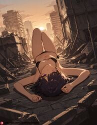 1boy ai_generated beautfiul_background contempt jirou_kyouka piledriver rubble_ruins small_breasts stunning_backgroud