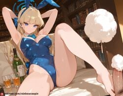 1boy ai_generated blonde_hair blue_archive blue_eyes bookshelf breasts cotton_candy disheveled drink erection feet female foot_fetish footjob huge_breasts penis pubic_hair toes toki_(blue_archive) toki_(bunny)_(blue_archive)